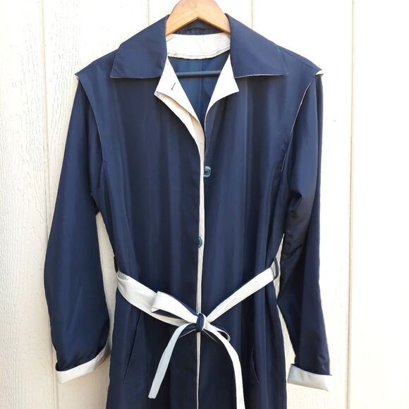 Vtg Trench Rain Coat Long Belted Sailor Back Color Blocked Black Cream Sz 6T - Picture 5 of 13